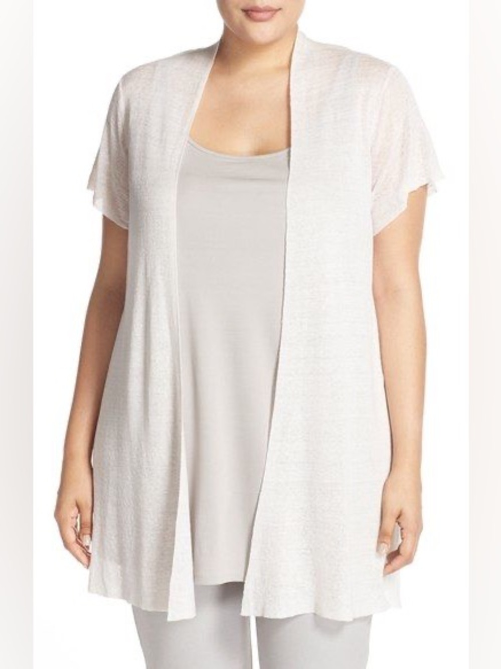 NWT Eileen Fisher Sheer Hemp Rib Blend Short Sleeve Open Front Cardigan Opal XL